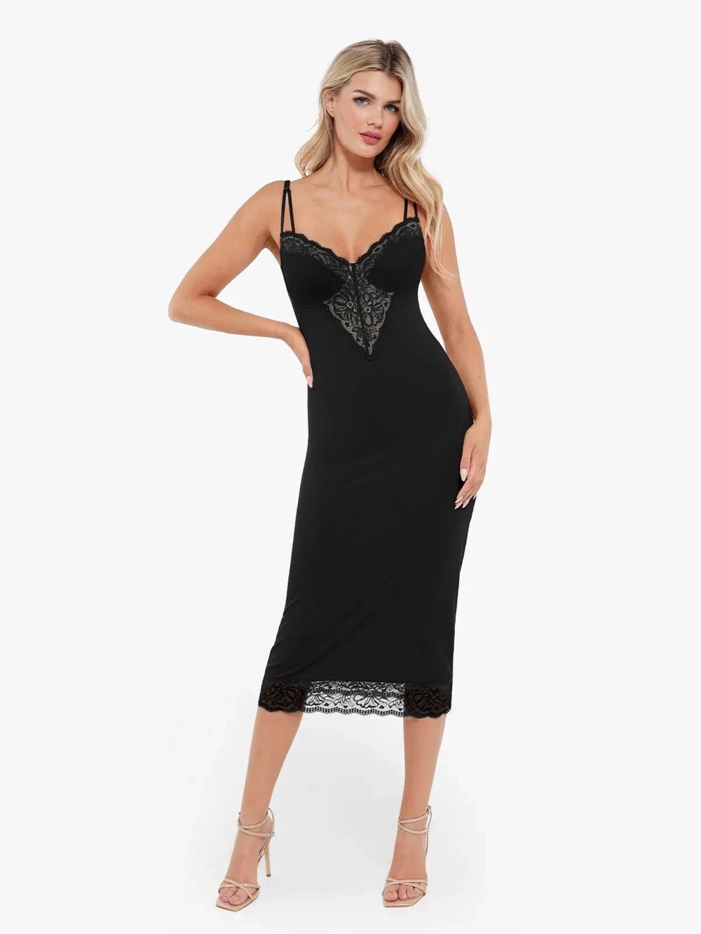 Popilush Shapewear Tummy Control Lace Inset Midi Dress SIze Large